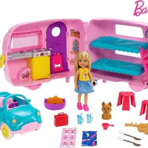 ?Barbie Club Chelsea Camper Playset with Chelsea Doll, Puppy, Car, Camper, Firepit, Guitar and 10 Accessories, Gift for 3 to 7 Year Olds