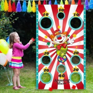 Carnival Clown Toss Game Banner with 3 Bean Bags for Kids and Adults in Carnival Party Activities Carnival Party Decoration Supply Set