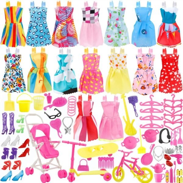 JANYUN Total 114pcs - 16 Pack Clothes Party Gown Outfits for Doll+ 98pcs Dolls Accessories Shoes Bags Necklace Mirror Hanger Tableware