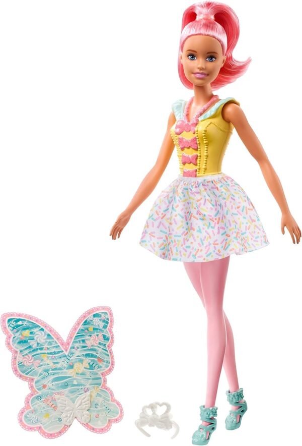 Barbie Dreamtopia Fairy Doll, Approx 12-Inch, with A Colorful Candy Theme, Pink Hair and Wings, for 3 to 7 Year Olds