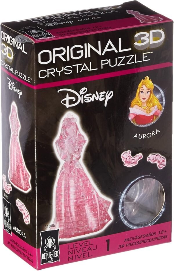 BePuzzled Original 3D Crystal Jigsaw Puzzle - Princess Aurora Disney Sleeping Beauty Brain Teaser, Fun Decoration for Kids Age 12 and Up, Pink, 39 Pieces (Level 1)