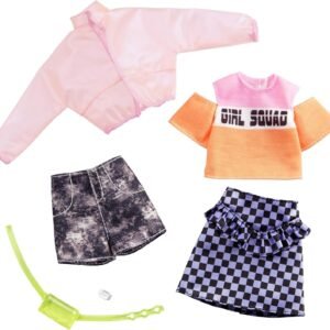 Barbie Clothes: 2 Outfits Doll Include A Jacket, ?Girl Squad? Top, Checked Skirt, Denim Shorts, Fanny Pack and Watch, Gift for 3 to 8 Year Olds?