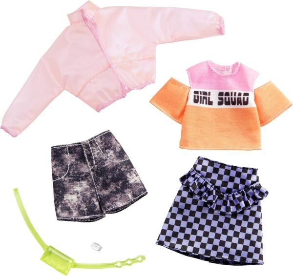 Barbie Clothes: 2 Outfits Doll Include A Jacket, ?Girl Squad? Top, Checked Skirt, Denim Shorts, Fanny Pack and Watch, Gift for 3 to 8 Year Olds?