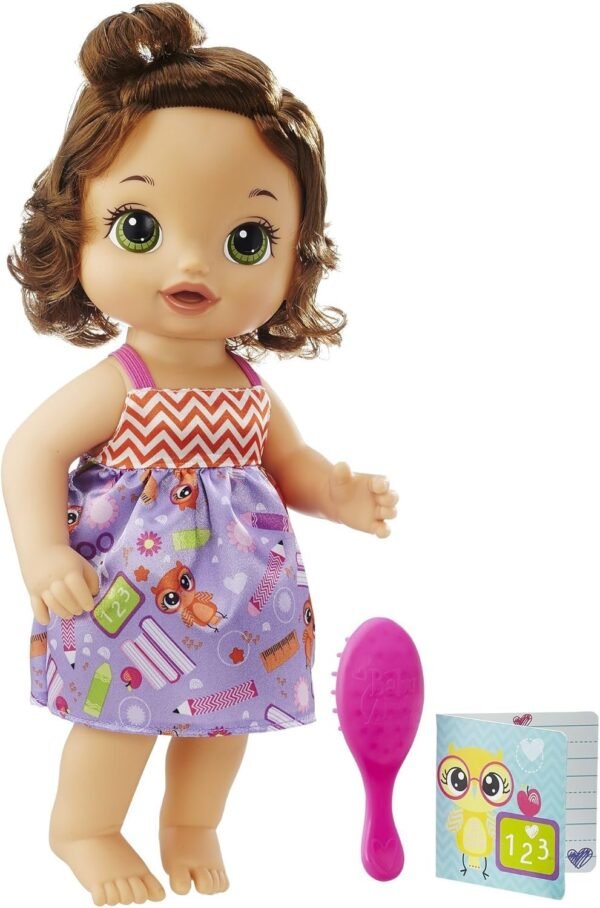 BABY ALIVE READY FOR SCHOOL BABY: Brown Hair Baby Doll, School-Themed Dress, Doll Accessories Include Notebook & Brush, Doll For 3-Year-Old Girls and Boys and Up