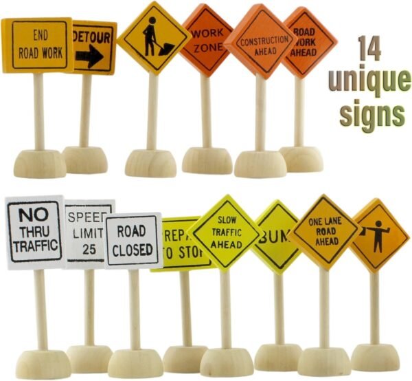 Attatoy Toy Wooden Road Construction Traffic Sign Set; Street Signs Small Toy Cars and Other Diecast Vehicles & Wood Cars & Toys