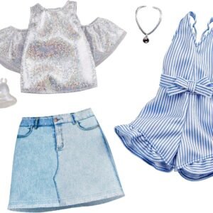 Barbie Clothes: 2 Outfits Doll Include A Sparkly Shirt, Skirt and Romper with Bow-Shaped Purse and Necklace, Gift for 3 to 8 Year Olds?