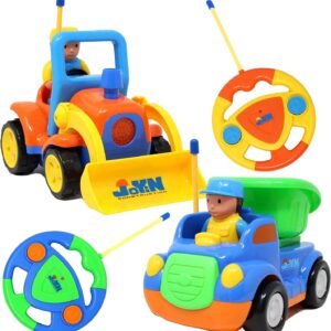 2 Cartoon RC Dump and Bulldozer Trucks Radio Remote Control with Music & Sound includes 2 Figures Toys for Baby, Toddler and Kids Cars, Christmas Stocking Stuffers, and Easter Basket Stuffer Fillers