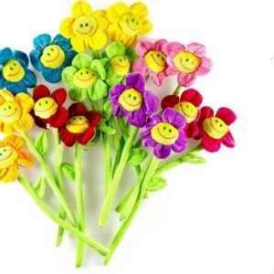 16PCS Daisy Plush Flowers Smiling Happy Face, 13 Inches Long Bendable Stems 8 Assorted Colors Happy Smiles Sunflowers Gift for Boys and Girls
