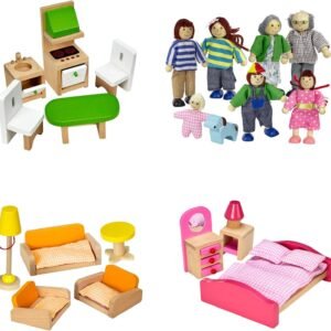 Dragon Drew Dollhouse Furniture Set - Wooden - Living Room, Bedroom and Kitchen Accessories, Family Members, Pet ? 100% Natural Wood, Nontoxic Paint, Smooth Edges
