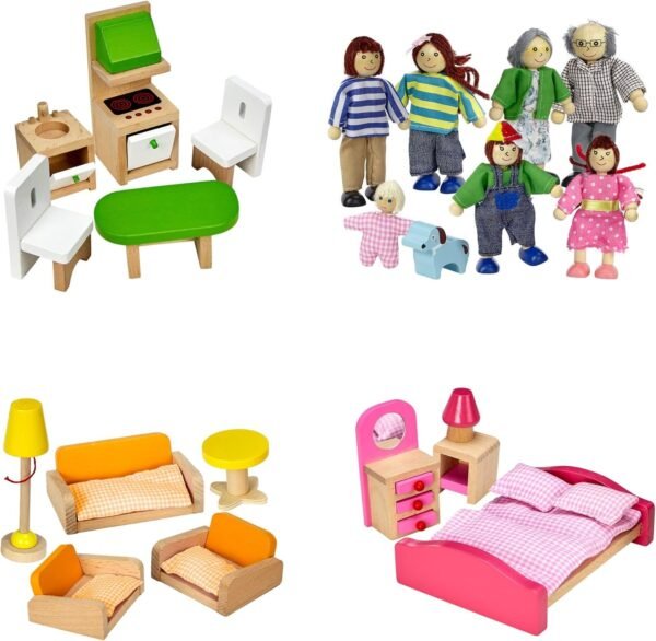 Dragon Drew Dollhouse Furniture Set - Wooden - Living Room, Bedroom and Kitchen Accessories, Family Members, Pet ? 100% Natural Wood, Nontoxic Paint, Smooth Edges