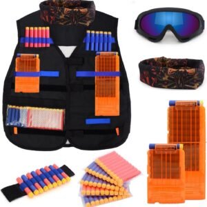 Kids Tactical Vest Kit for Nerf N-strike Elite Series with 50 Bullets Refill Darts + 2 Reload Clips + Face Tube Mask + Protective Glasses + hand wrist band