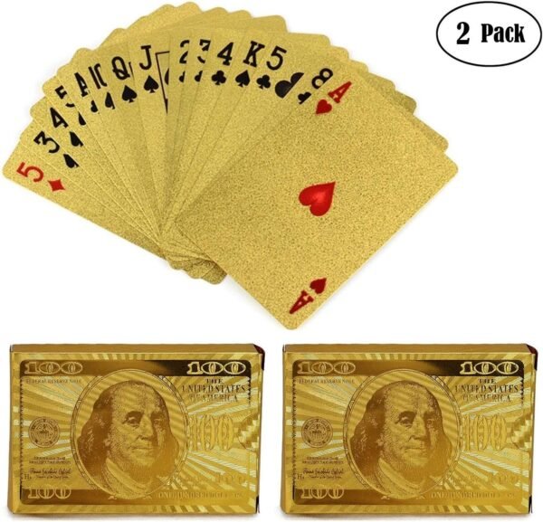 KISEER 2 Pack 24K Gold Foil Playing Cards Waterproof Gold Plated Poker for Table Game or Magic (100 Dollar Pattern)