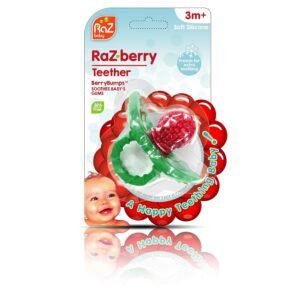 RaZbaby RaZberry Silicone Baby Teether Toy - Berrybumps Soothe Babies Sore Gums - Infant Teething Toy - Hands Free Design - BPA Free - Easy-to-Hold Design - Teething Relief Pacifier - Fruit Shape/Red