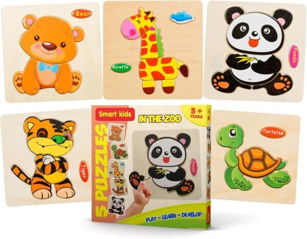 Smart Kids Service - Wooden Puzzles for Toddlers ? 5 Pack - Baby Puzzles Age 3+ Toddlers Puzzles for Boys and Girls - in The Zoo Set - Tiger - Panda - Bear - Giraffe - Tortoise - 37 pcs?