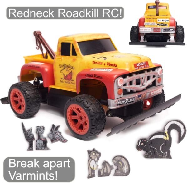 Redneck Roadkill Bo Skeeterz RC Radio Control Toy Tow Truck Game Set Customizable w/Stickers Truck ding Bumper Decals and Comes w/Break-Apart Animal Rodent Targets, Remote Control, Family Fun
