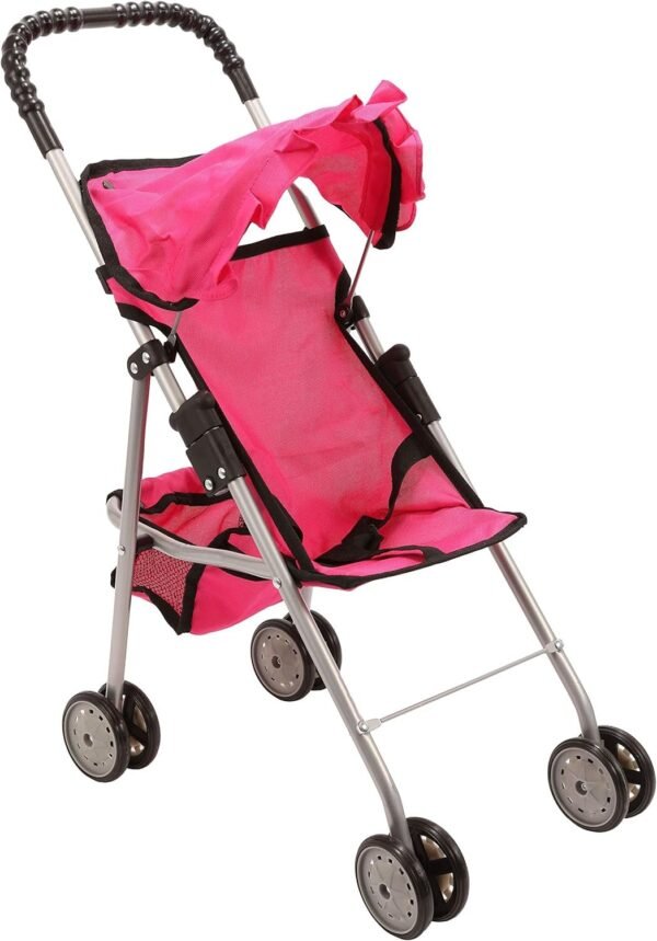 Mommy and Me My First Baby Doll Stroller with Basket, Extra Tall 23 Inch, Foldable Stroller for Toddlers, Hot Pink