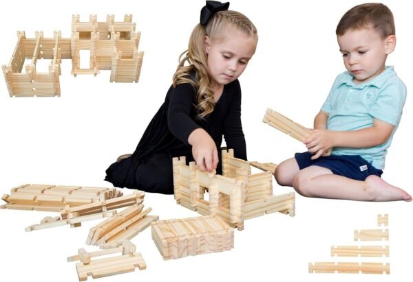 Freedom Logs Wood Toy Building Blocks Set - Best Educational Wooden Construction Play Kit for Boys, Girls, and Kids Age 3+ Includes 75 Block Pieces That Link Learning and Creativity