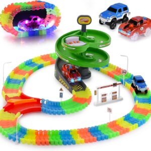 Glow Race Tracks Set ? Compatible with Magic Tracks Too ? 144 Pieces with 2 Toy Cars (1 Light Up), Flexible and Bendable DIY Fun Glow In The Dark Racing Toy ? Interactive STEM Toy ? for Girls and Boys