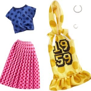 Barbie Clothes: 2 Outfits Doll Feature Polka Dots On A Yellow Hoodie Dress, A Blue Top and Pink Skirt, Plus 2 Accessories, Gift for 3 to 8 Year Olds ?