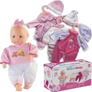 Prextex 12-Piece Baby Doll with Clothes Set - Baby Dalia 14-Inch Girl Doll with 4 Nice Outfit Sets and 3 Hangers - Best Gift for Toddlers and Girls