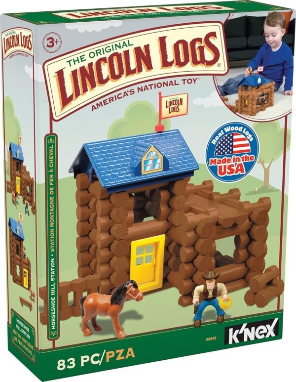LINCOLN LOGS-Horseshoe Hill Station-83 Pieces-Real Wood Logs - Ages 3+ - Best Retro Building Gift Set for Boys/Girls ? Creative Construction Engineering ? Top Blocks Game Kit - Preschool Education Toy