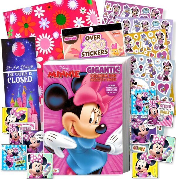 Disney Minnie Mouse Coloring Book and Stickers Gift Set - Bundle Includes Gigantic 192 pg Minnie Mouse Coloring Book, Minnie Mouse Stickers, and 2-Sided Door Hanger, in Specialty Gift Bag