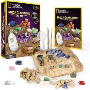 NATIONAL GEOGRAPHIC Mega Gemstone Dig Kit ? Excavate 15 Real Gems Including Amethyst, Tiger?s Eye & Rose Quartz - Great STEM Science Gift for Mineralogy and Geology Enthusiasts of any Age
