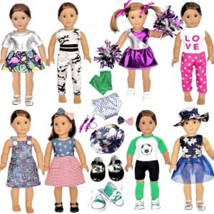 20 Pcs American Doll Clothes and Accessories fit American 18 inch Girl Dolls - Including 8 Complete Set Toys Doll Outfits and 2 Pairs Shoes, Doll Accessories with Cap, Underwear and Hair Clip
