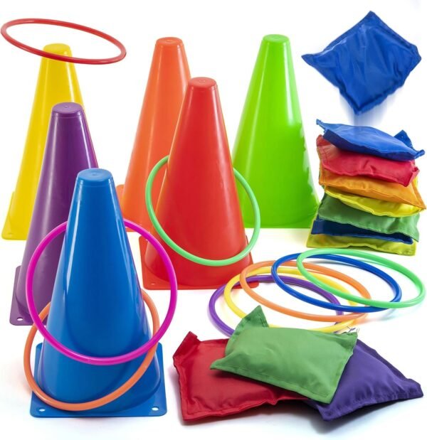 Prextex 3 in 1 Carnival Outdoor Games Combo Set Cornhole Bean Bags Ring Toss Game and Birthday Party Outdoor Games Supplies Plastic Cone Set 26 Piece Set