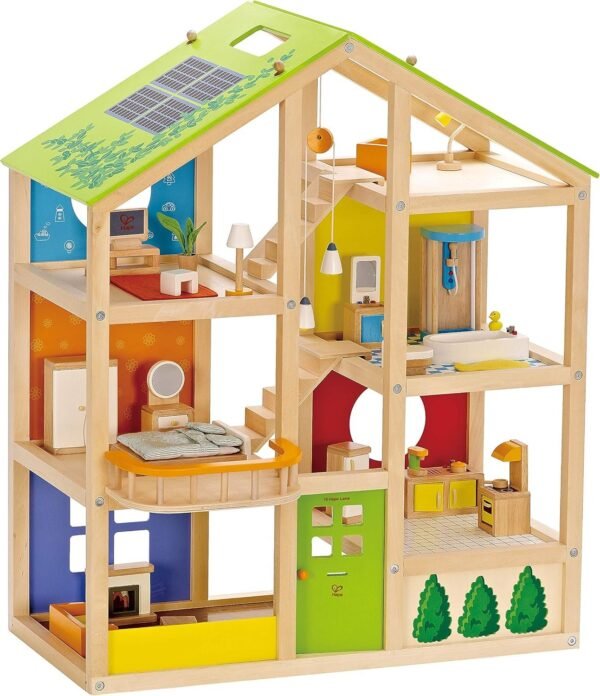 All Seasons Kids Wooden Dollhouse by Hape | Award Winning 3 Story Dolls House Toy with Furniture, Accessories, Movable Stairs and Reversible Season Theme