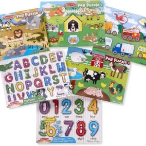 Melissa & Doug Wooden Peg Puzzle 6 Pack Numbers, Letters, Animals, Vehicles