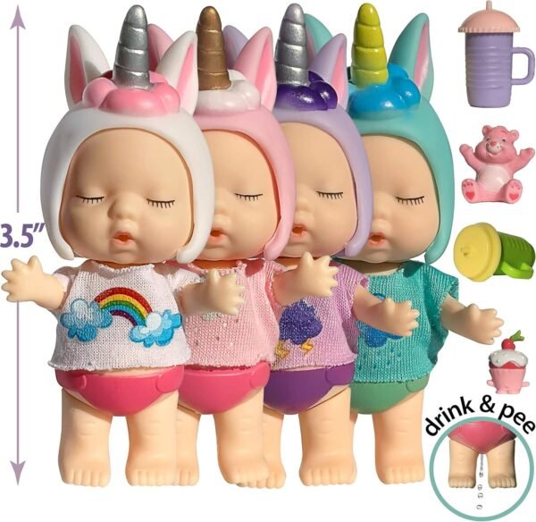 Unicorn Mini Baby Dollhouse Dolls for 3 4 5 6 Year Old Girls 3 Inch Small Baby Doll Set w Accessories - Tiny Figure Unicorn Gifts for Girls Unicorn Doll Toys - Drink n Wet Mini Babies Unicorn Figurine