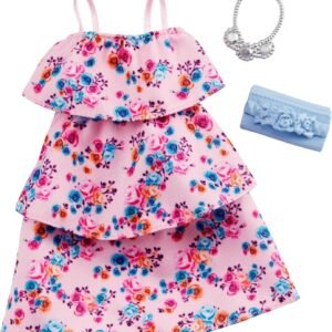 Barbie Clothes: Pink Floral Dress, Plus 2 Accessories Dolls, Gift for 3 to 7 Year Olds, GHW80