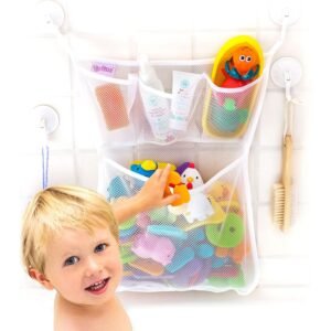 Tub Cubby Bath Toy Organizer + Baby Rubber Ducky - 14'x20 Mold Resistant Mesh Net Basket - 3 Soap Shampoo Dividers - Keeps Kids Bathtub Games Dry - Suction & Sticker Hooks Shower Caddy Storage Bin Set