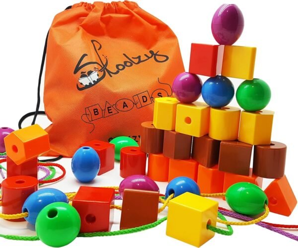 Skoolzy Lacing Beads for Kids Toddler Toy - JUMBO Primary Lacing Toys For Toddlers - Autism Fine Motor Skills Montessori Toys - 36 String Beads, 4 Strings, Travel Bag, Preschool Activities eBook Set