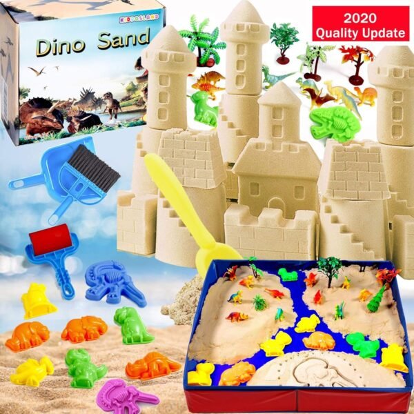 Dino Play Sand Kit for Kids 3lbs Cool Dinosaur Edition Motion Sand with an Inflation-Free Sandbox and Numerous Dino Moulds and Tools Creative Toys for Boys and Girls Ages 3 4 5 6 7+ Year Old