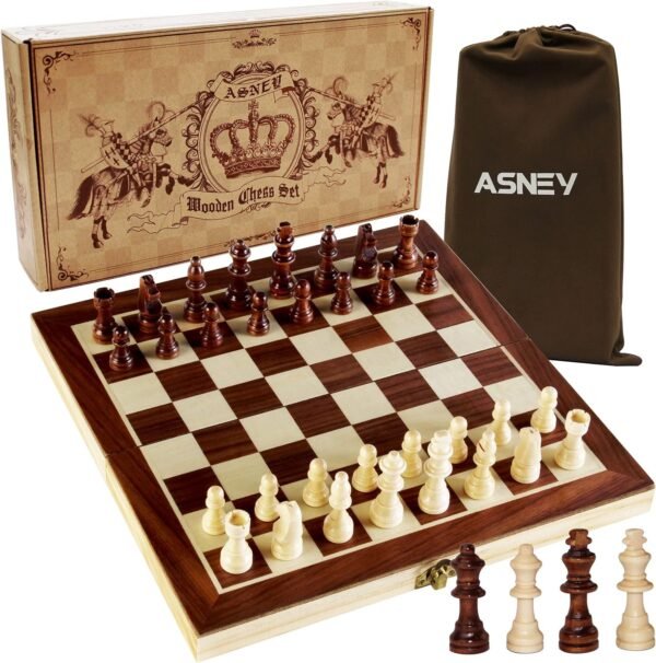 ASNEY Upgraded Magnetic Chess Set, 12' x 12' Folding Wooden Chess Set with Magnetic Crafted Chess Pieces, Chess Game Board Set with Storage Slots, Includes Extra Kings, Queens and Carry Bag