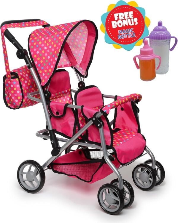 Exquisite Buggy, Twin Doll Stroller with Diaper Bag and Swivel Wheels & Adjustable Handle - Pink & Polka DOTS Design with 2 Free Magic Bottles