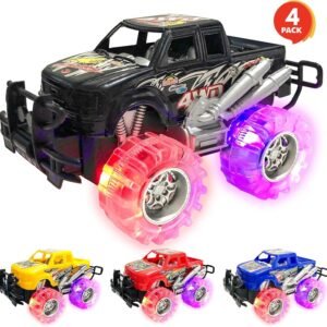 ArtCreativity Light Up Monster Truck Set for Boys and Girls Set Includes 4, 6 Inch Monster Trucks with Beautiful Flashing LED Tires - Push n Go Toy Cars Best Gift for Kids - for Ages 3+