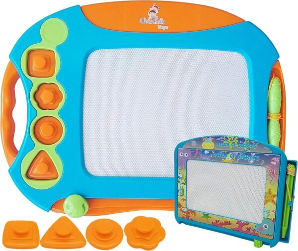 CHUCHIK Toys Magnetic Drawing Board Set for Kids and Toddlers. Large 15.7 Inch Magna Doodle Writing Pad Comes with a 4-Color Travel Size Sketch Doodle Board. (Orange-Blue)