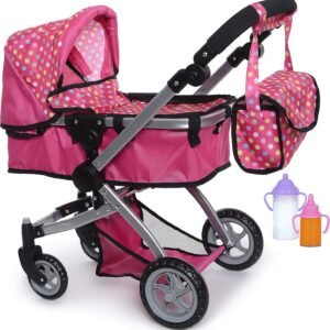 fash n kolor Foldable Pram for Baby Doll with Polka Dots Design with Swiveling Wheel Adjustable Handle with 2 Free Magic Toy Bottles