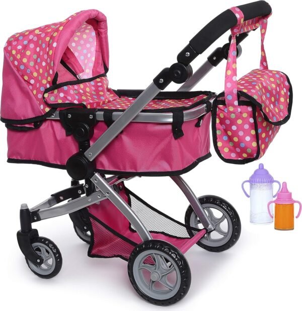 fash n kolor Foldable Pram for Baby Doll with Polka Dots Design with Swiveling Wheel Adjustable Handle with 2 Free Magic Toy Bottles