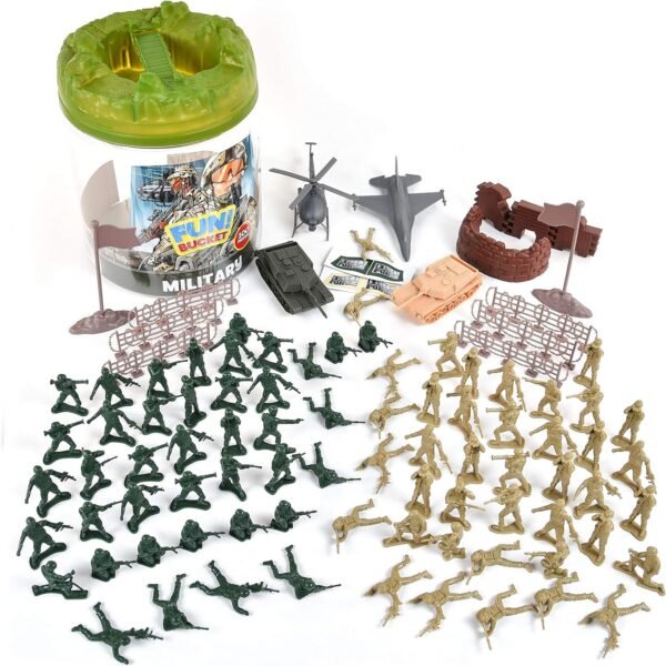 Military Battle Group Bucket ? 100 Assorted Soldiers and Accessories Toy Play Set For Kids, Boys and Girls | Plastic Army Men Figures with Storage Container