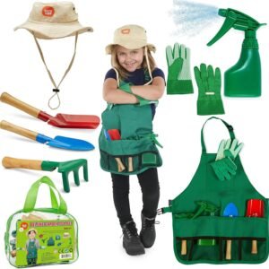 Born Toys Kids Gardening Set, Kids Gardening Tools with rake, Kids Gardening Gloves and Washable Apron Set for Real or Sand Gardening and Dress up Clothes or Role Play
