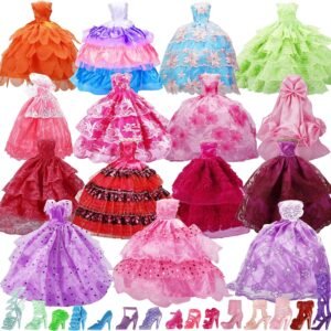 15 Pack Handmade Doll Clothes Dress & 15 Pairs Doll Shoes for Barbie Doll and Other11.5 Inch Doll, Accessories Lace Wedding Party Dresses Gowns Outfits Gifts,Organza Drawstring Pouches Gift Packing.